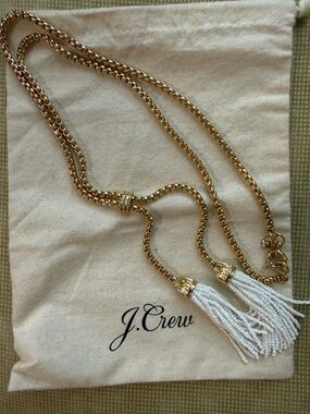 J. Crew Gold Chain Necklace with White Beaded Tassels